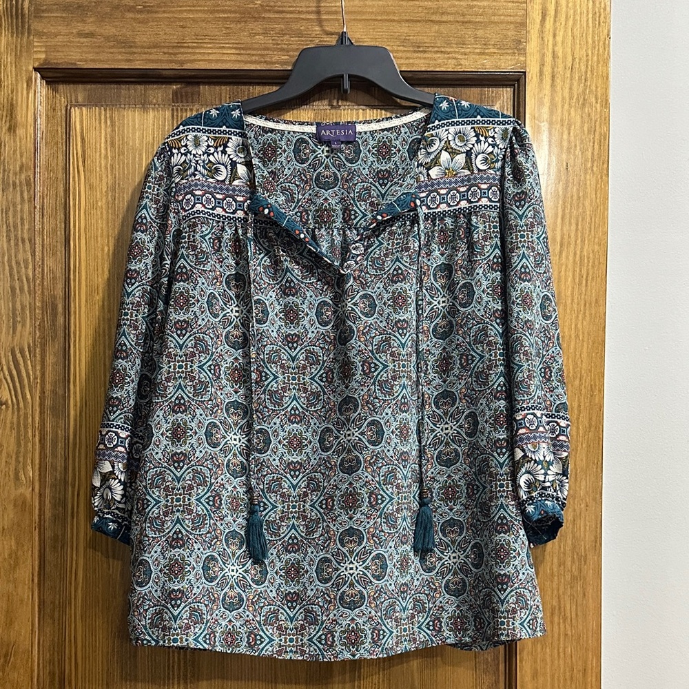 Green Mosaic-Print Peasant Blouse